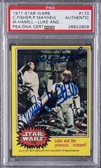 1977 Topps Star Wars #170 "Luke and the Princess ..." Multi Signed Card – An Original Star Wars Gum Card Autographed by Carrie Fisher, Mark Hamill and Peter Mayhew! – PSA/DNA Certified
